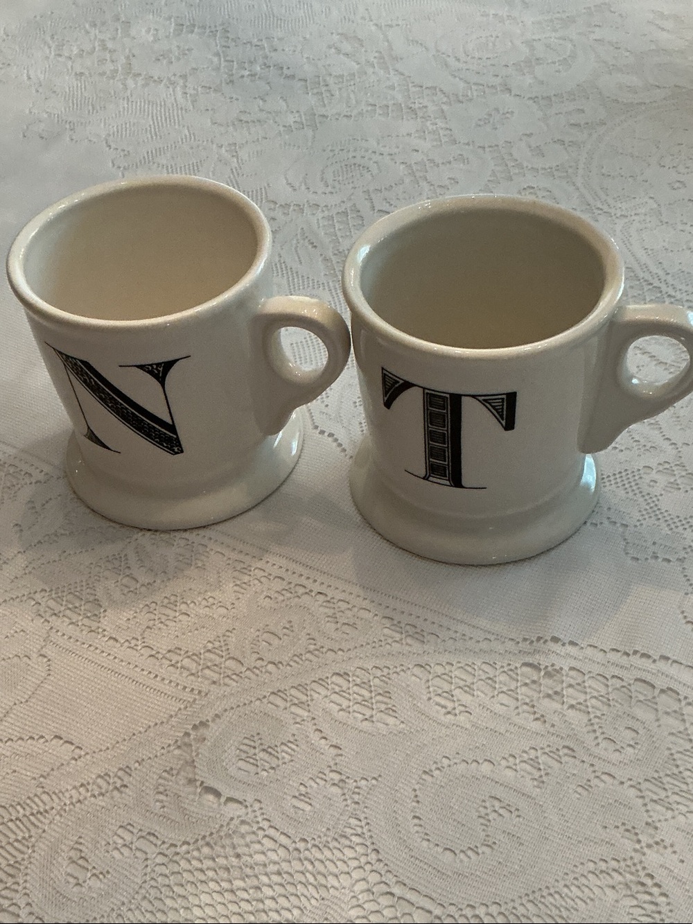 Lot of 2 Anthropologie Cream Ceramic Monogram Mugs - Letters N & T